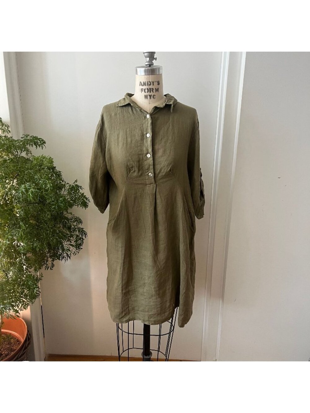 NWT ELENA‎ BALDI  Olive Green Italian Linen Dress Size Large